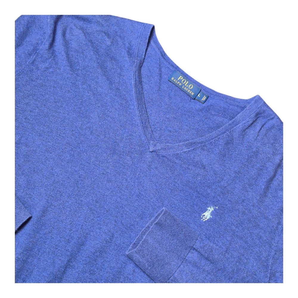 Polo Ralph Lauren Men's L Blue V-Neck Sweater Cotton Cashmere Preppy Classic
